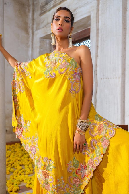 Shop_Anu Pellakuru_Yellow Silk Pearls, Beads One Glass And Embroidered Kaftan Tunic & Pant Set _Online_at_Aza_Fashions
