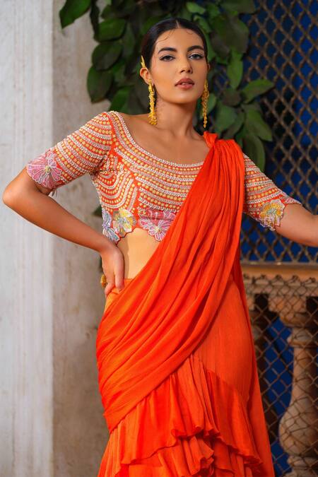 Buy_Anu Pellakuru_Orange Silk, Satin Pearls, Embroidery Scoop Neck Pre-draped Ruffled Saree Set _Online_at_Aza_Fashions