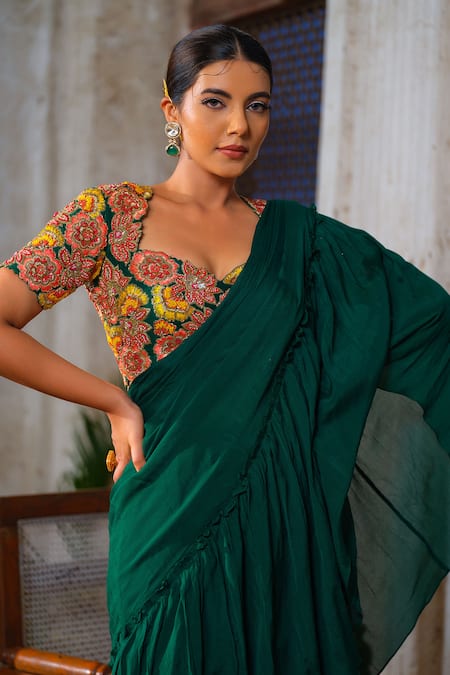 Buy_Anu Pellakuru_Green Chiffon, Silk, Crepe Cut Work, Zari, Pre-draped Lehenga Saree With Blouse _Online_at_Aza_Fashions