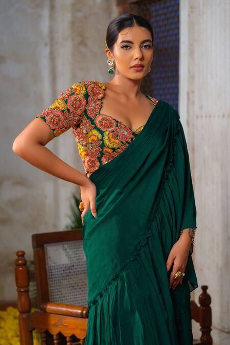 Shop_Anu Pellakuru_Green Chiffon, Silk, Crepe Cut Work, Zari, Pre-draped Lehenga Saree With Blouse _Online_at_Aza_Fashions