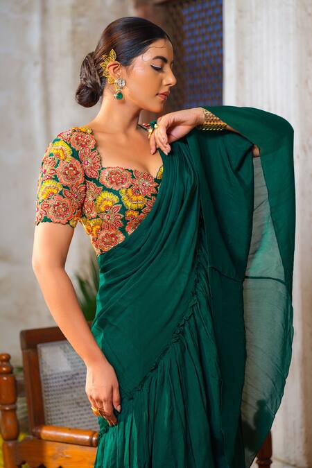 Buy_Anu Pellakuru_Green Chiffon, Silk, Crepe Cut Work, Zari, Pre-draped Lehenga Saree With Blouse 
