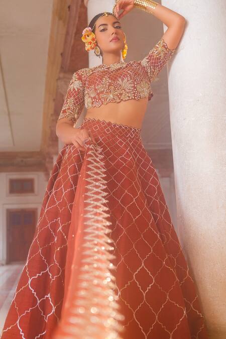 Shop_Anu Pellakuru_Brown Silk, Organza Cut Work High Neck Mughal Jaal Embroidered Lehenga Set _Online_at_Aza_Fashions