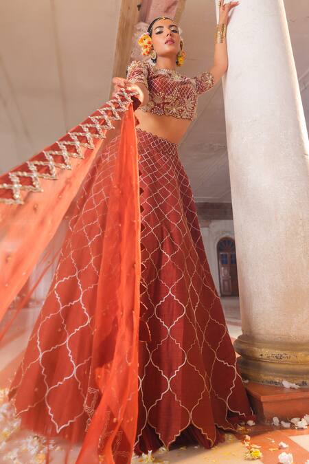 Anu Pellakuru_Brown Silk, Organza Cut Work High Neck Mughal Jaal Embroidered Lehenga Set _at_Aza_Fashions