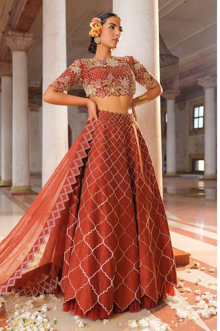 Buy_Anu Pellakuru_Brown Silk, Organza Cut Work High Neck Mughal Jaal Embroidered Lehenga Set 