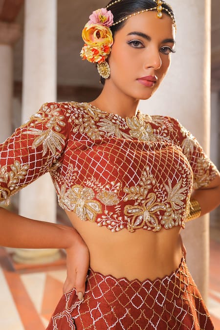 Shop_Anu Pellakuru_Brown Silk, Organza Cut Work High Neck Mughal Jaal Embroidered Lehenga Set 