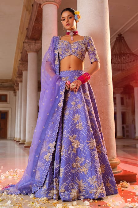 Anu Pellakuru Blue Raw Silk Embroidery Cutdana Sweetheart Neck Gul Jaal Lehenga Set 