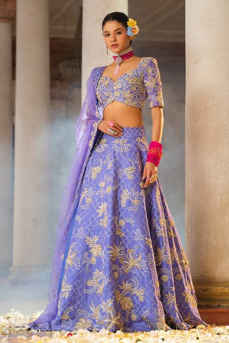 Anu Pellakuru_Blue Silk, Organza Cut Work, Pearls, Embroidery Sweetheart Gul Jaal Lehenga Set _Online_at_Aza_Fashions