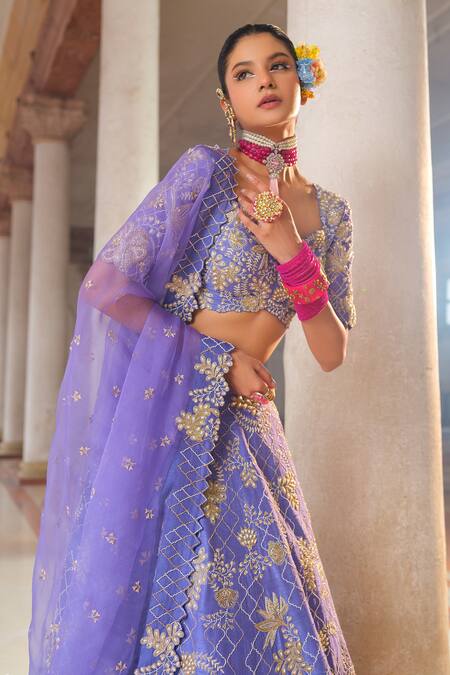 Buy_Anu Pellakuru_Blue Silk, Organza Cut Work, Pearls, Embroidery Sweetheart Gul Jaal Lehenga Set _Online_at_Aza_Fashions