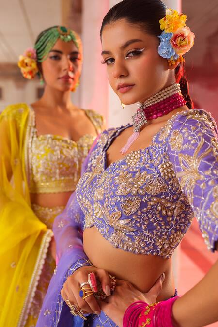 Buy_Anu Pellakuru_Blue Silk, Organza Cut Work, Pearls, Embroidery Sweetheart Gul Jaal Lehenga Set 