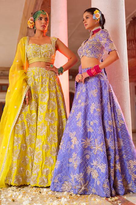 Shop_Anu Pellakuru_Blue Silk, Organza Cut Work, Pearls, Embroidery Sweetheart Gul Jaal Lehenga Set 