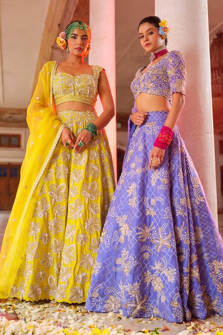 Anu Pellakuru_Yellow Silk, Organza Embroidery, Cut Work Sweetheart Gullista Jaal Lehenga Set _Online_at_Aza_Fashions