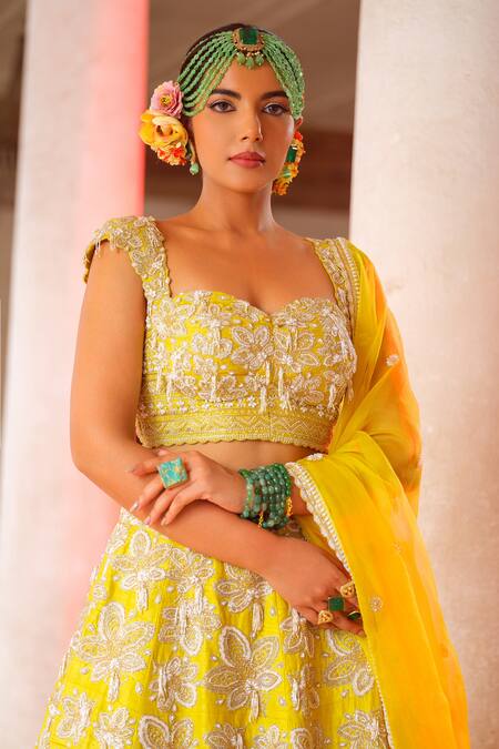 Anu Pellakuru_Yellow Silk, Organza Embroidery, Cut Work Sweetheart Gullista Jaal Lehenga Set _at_Aza_Fashions