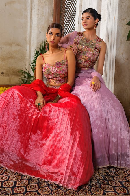 Anu Pellakuru_Purple Net, Kota Doria Sequins, Micro Pleated Embroidered Waistband Lehenga Set _Online_at_Aza_Fashions