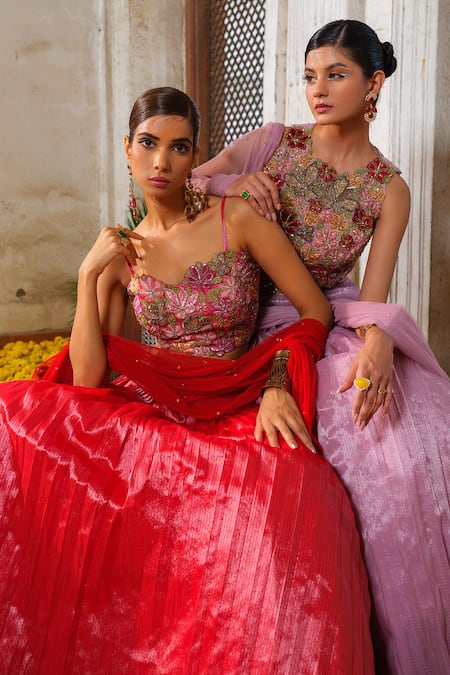 Buy_Anu Pellakuru_Purple Net, Kota Doria Sequins, Micro Pleated Embroidered Waistband Lehenga Set _Online_at_Aza_Fashions