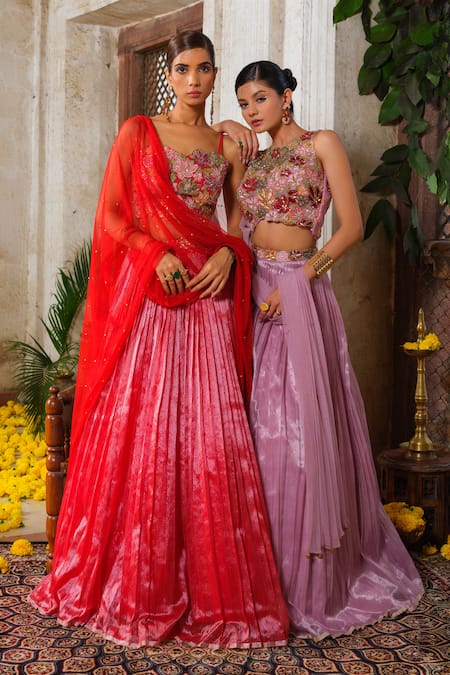 Shop_Anu Pellakuru_Purple Net, Kota Doria Sequins, Micro Pleated Embroidered Waistband Lehenga Set _Online_at_Aza_Fashions
