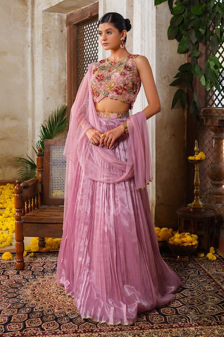 Anu Pellakuru_Purple Net, Kota Doria Sequins, Micro Pleated Embroidered Waistband Lehenga Set _at_Aza_Fashions