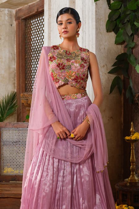 Buy Anu Pellakuru Purple Net, Kota Doria Sequins, Micro Pleated Embroidered Waistband Lehenga Set Buy_Anu Pellakuru_Purple Net, Kota Doria Sequins, Micro Pleated Embroidered Waistband Lehenga Set