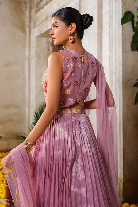 Shop_Anu Pellakuru_Purple Net, Kota Doria Sequins, Micro Pleated Embroidered Waistband Lehenga Set 