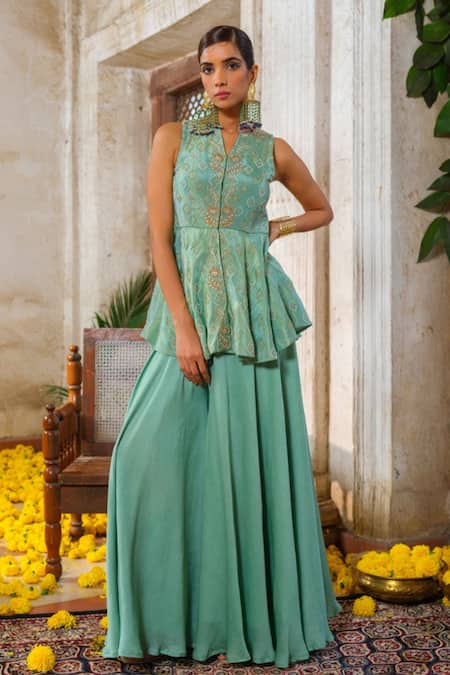 Anu Pellakuru Green Tissue Silk Embroidery Zari Split V Neck Florin Peplum Kurti With Palazzo 