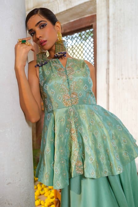 Anu Pellakuru Green Tissue, Silk, Satin, Chiffon Cut Work, Florin Peplum Kurti With Palazzo Online at Aza Fashions Anu Pellakuru_Green Tissue, Silk, Satin, Chiffon Cut Work, Florin Peplum Kurti With Palazzo _Online_at_Aza_Fashions