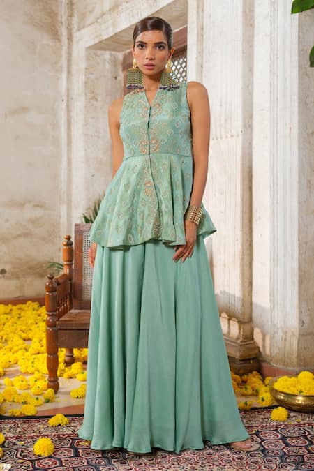 Buy Anu Pellakuru Green Tissue, Silk, Satin, Chiffon Cut Work, Florin Peplum Kurti With Palazzo Online at Aza Fashions Buy_Anu Pellakuru_Green Tissue, Silk, Satin, Chiffon Cut Work, Florin Peplum Kurti With Palazzo _Online_at_Aza_Fashions