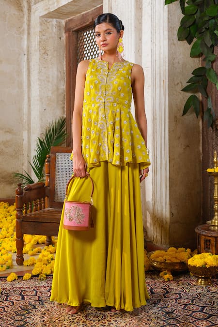 Anu Pellakuru Yellow Tissue Silk Embroidery Zari Split V Floret Peplum Kurti With Palazzo 