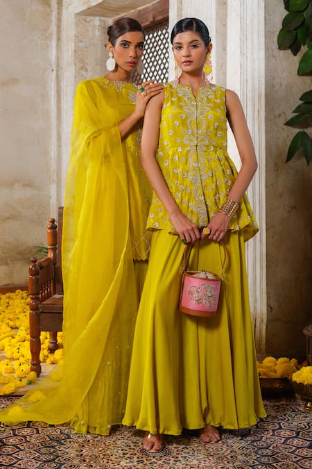 Anu Pellakuru_Yellow Tissue, Silk, Satin, Chiffon Cut Work, Floret Peplum Kurti With Palazzo _Online_at_Aza_Fashions