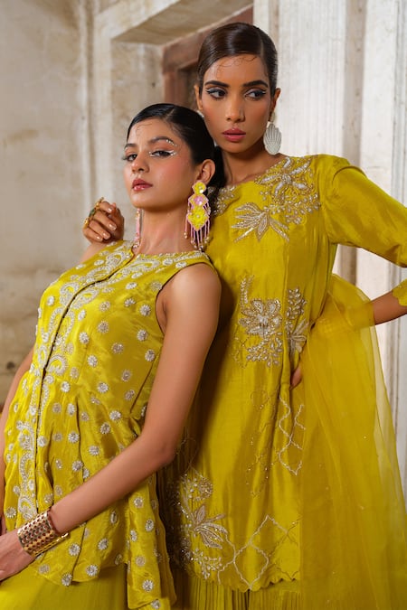 Buy_Anu Pellakuru_Yellow Tissue, Silk, Satin, Chiffon Cut Work, Floret Peplum Kurti With Palazzo _Online_at_Aza_Fashions