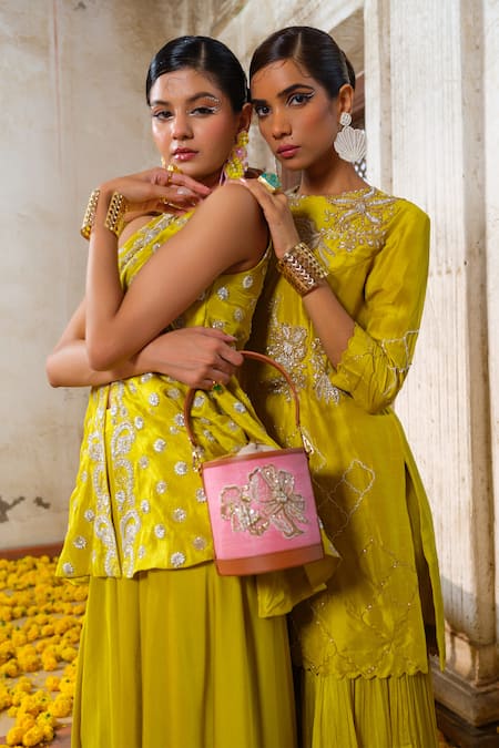 Shop_Anu Pellakuru_Yellow Tissue, Silk, Satin, Chiffon Cut Work, Floret Peplum Kurti With Palazzo _Online_at_Aza_Fashions