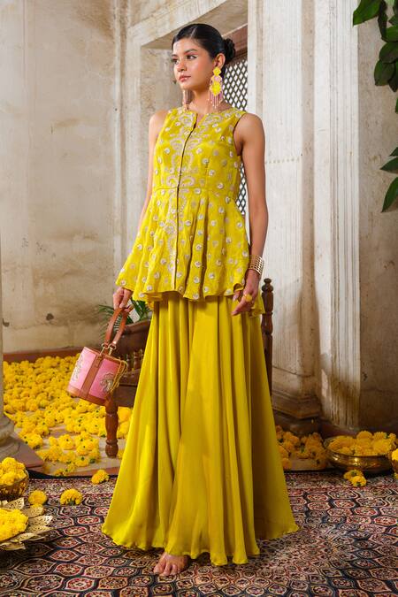 Buy_Anu Pellakuru_Yellow Tissue, Silk, Satin, Chiffon Cut Work, Floret Peplum Kurti With Palazzo 