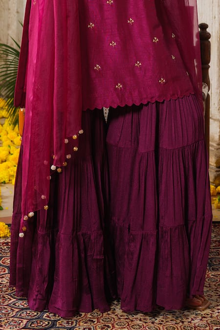 Anu Pellakuru_Wine Organza, Chiffon Pearls, Cut Bloom Garden Embroidered Kurta Sharara Set _Online_at_Aza_Fashions