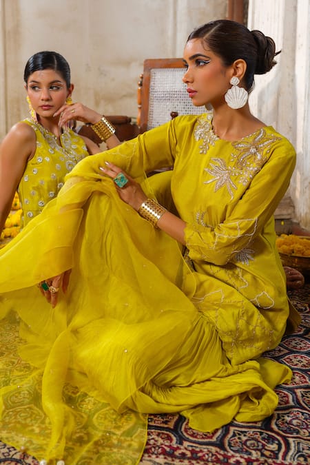 Anu Pellakuru_Yellow Silk, Organza, Chiffon Cut Blossom Garden Embroidered Kurta Sharara Set _Online_at_Aza_Fashions