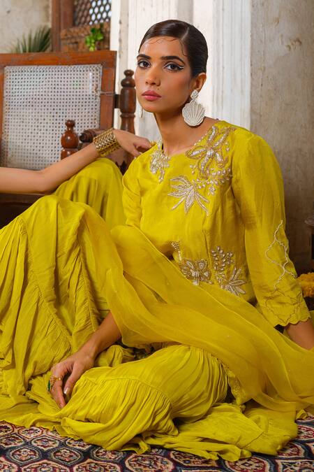 Buy_Anu Pellakuru_Yellow Silk, Organza, Chiffon Cut Blossom Garden Embroidered Kurta Sharara Set _Online_at_Aza_Fashions
