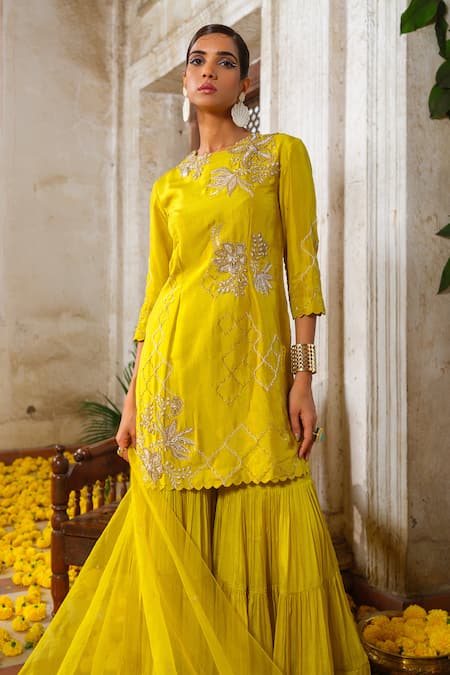 Shop_Anu Pellakuru_Yellow Silk, Organza, Chiffon Cut Blossom Garden Embroidered Kurta Sharara Set _Online_at_Aza_Fashions