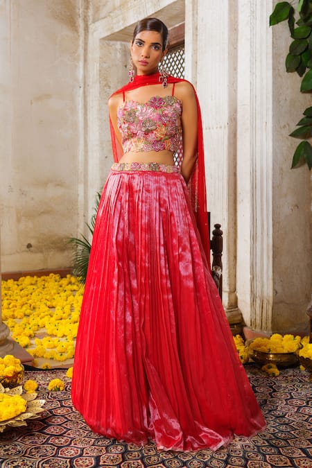 Anu Pellakuru_Red Net, Kota Doria, Silk Micro Pleated Bloom Embroidered Waistband Lehenga Set _Online_at_Aza_Fashions