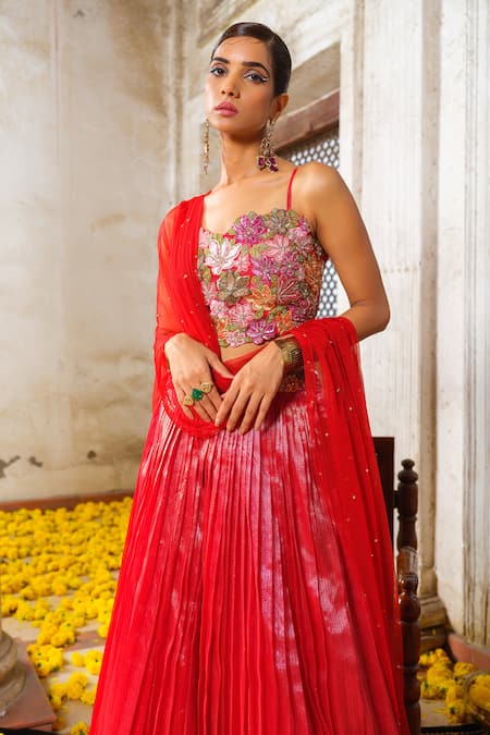 Buy_Anu Pellakuru_Red Net, Kota Doria, Silk Micro Pleated Bloom Embroidered Waistband Lehenga Set _Online_at_Aza_Fashions