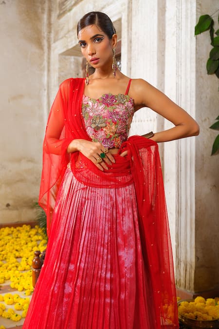 Shop_Anu Pellakuru_Red Net, Kota Doria, Silk Micro Pleated Bloom Embroidered Waistband Lehenga Set _Online_at_Aza_Fashions