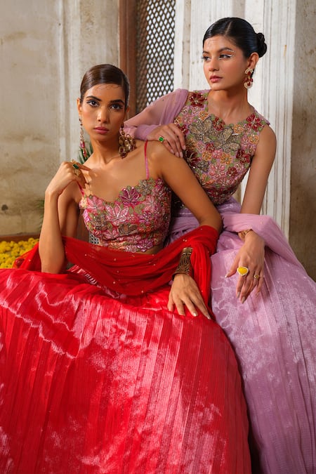 Anu Pellakuru_Red Net, Kota Doria, Silk Micro Pleated Bloom Embroidered Waistband Lehenga Set _at_Aza_Fashions