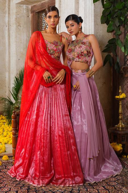 Buy_Anu Pellakuru_Red Net, Kota Doria, Silk Micro Pleated Bloom Embroidered Waistband Lehenga Set 