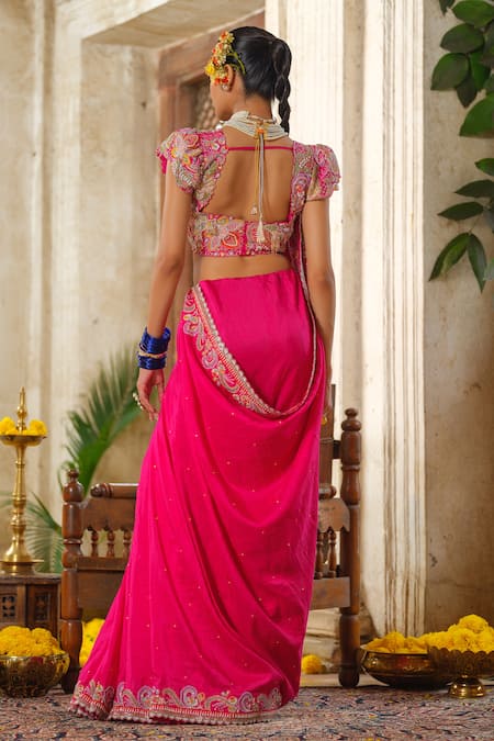 Shop_Anu Pellakuru_Pink Silk, Crepe, Cotton Embroidery, Cut Work Sweetheart Neck Phool Saree Set _at_Aza_Fashions