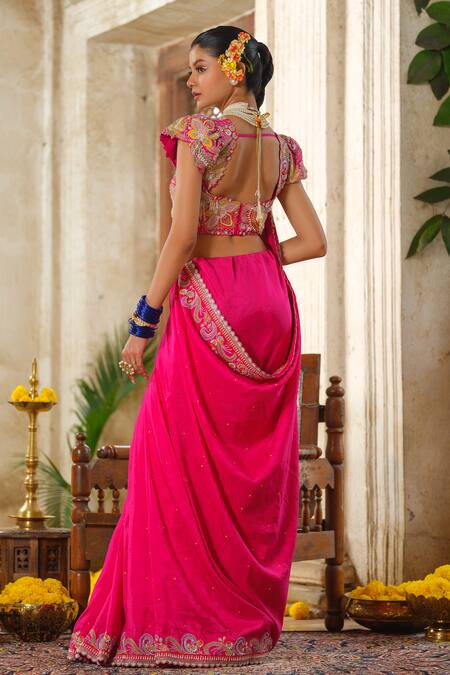 Anu Pellakuru_Pink Silk, Crepe, Cotton Embroidery, Cut Work Sweetheart Neck Phool Saree Set _Online_at_Aza_Fashions