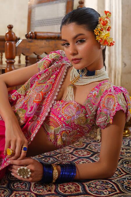 Shop_Anu Pellakuru_Pink Silk, Crepe, Cotton Embroidery, Cut Work Sweetheart Neck Phool Saree Set _Online_at_Aza_Fashions