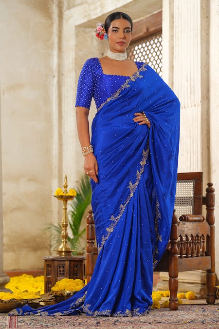 Anu Pellakuru Blue Saree Silk Embroidery Pearl Square Neck Bloom Vine Set 