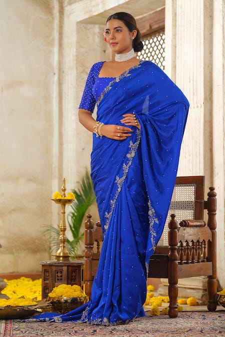 Anu Pellakuru_Blue Silk, Crepe, Pashmina, Cotton Cut Work, Bloom Vine Embroidered Saree Set _Online_at_Aza_Fashions