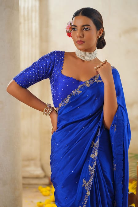 Buy_Anu Pellakuru_Blue Silk, Crepe, Pashmina, Cotton Cut Work, Bloom Vine Embroidered Saree Set _Online_at_Aza_Fashions