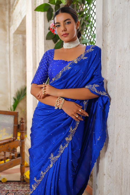 Anu Pellakuru_Blue Silk, Crepe, Pashmina, Cotton Cut Work, Bloom Vine Embroidered Saree Set _at_Aza_Fashions