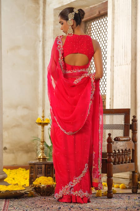 Shop_Anu Pellakuru_Red Organza, Silk, Crepe Cut Work, Embroidery, Pearls Ambrosia Vine Saree Set _at_Aza_Fashions