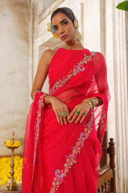 Anu Pellakuru_Red Organza, Silk, Crepe Cut Work, Embroidery, Pearls Ambrosia Vine Saree Set _Online_at_Aza_Fashions