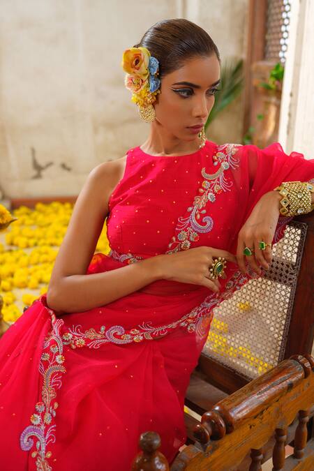 Buy_Anu Pellakuru_Red Organza, Silk, Crepe Cut Work, Embroidery, Pearls Ambrosia Vine Saree Set _Online_at_Aza_Fashions