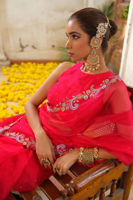 Shop_Anu Pellakuru_Red Organza, Silk, Crepe Cut Work, Embroidery, Pearls Ambrosia Vine Saree Set _Online_at_Aza_Fashions